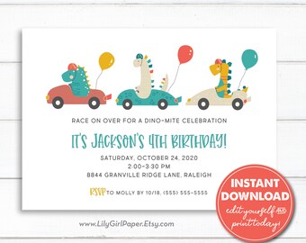 Editable Dinosaur Birthday Party Invitation Template, INSTANT DOWNLOAD, Dino Racecars, Boy Birthday Invitation, Printable Invitation, 0223