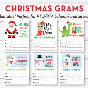 Puede incluir: Etiquetas de regalo de Navidad imprimibles con varios personajes de dibujos animados, que incluyen Papá Noel, una llama, un dinosaurio, un unicornio, un muñeco de nieve y un oso polar. Cada etiqueta tiene un mensaje festivo y espacio para escribir "Para", "De", "Profesor/Gr" y un mensaje.