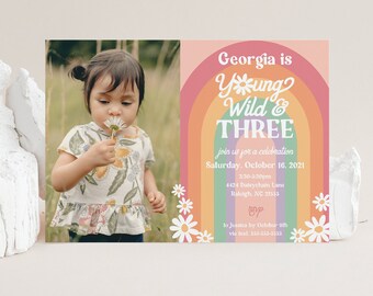 Groovy Young, Wild & Three Birthday Party Photo Invitation, Editable Template, 3rd Birthday, Retro Rainbow, Daisies, INSTANT DOWNLOAD