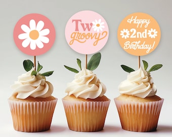 DIGITAL Two Groovy 2nd Birthday Cupcake Toppers, Stickers, Party Favors, Retro, 70s theme, INSTANT DOWNLOAD, print, cut & assemble! , 0306