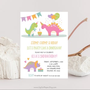 Editable Dinosaur Girl Party Invitation, Stomp, Chomp and Roar, Pink Dinos, Toddler Birthday, Instant Download, Printable, 0324