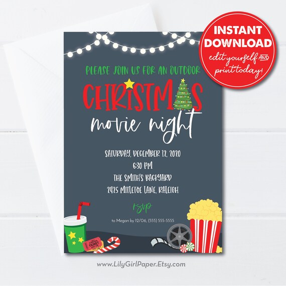Editable Christmas Movie Night Invitation Template, Backyard Movie, Socially Distanced Outdoor Party Invitation, INSTANT DOWNLOAD! 0270 Il_570xn