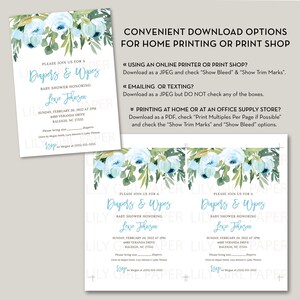 May include: A blue and green floral design baby shower invitation with the text "Please join us for a Diapers & Wipes Baby Shower Honoring Lexie Johnson" and the date and time of the shower.