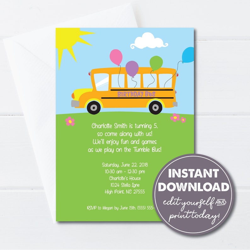 Editable Tumble Bus Birthday Party Invitation, Gymnastics Bus, Wheels on the Bus, Fun Bus, School Bus, Instant Download, Printable, 0147 image 1