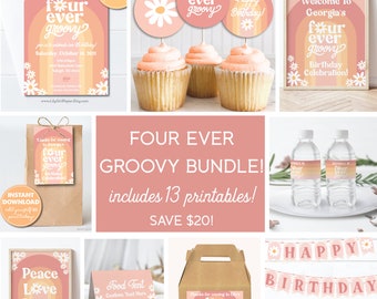 Four-Ever Groovy Birthday Bundle, Groovy 4th Birthday Party Pack, 8 Editable Files and 5 Ready Made Downloads, Editable Corjl Templates