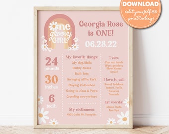 Editable One Groovy Girl Milestone Birthday Sign Template, 16x20 Poster, 1st Birthday, 70s Theme, Retro Rainbow, INSTANT DOWNLOAD! 0291