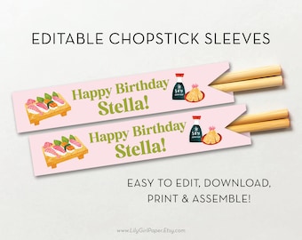Chopsticks Sleeve Editable Template, Chopstick Pocket, Sushi or Hibachi Birthday Dinner Party, Asian Steakhouse, INSTANT DOWNLOAD, 0345