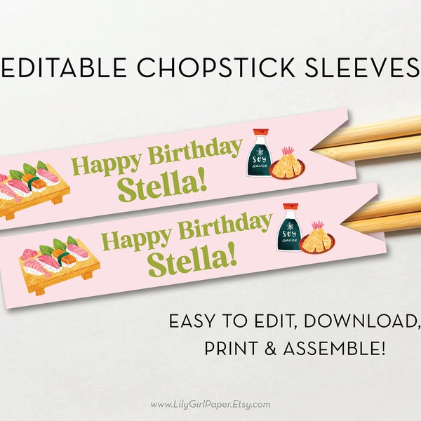 Chopsticks Sleeve Editable Template, Chopstick Pocket, Sushi or Hibachi Birthday Dinner Party, Asian Steakhouse, INSTANT DOWNLOAD, 0345