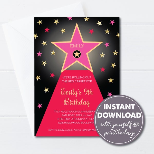 Editable Hollywood Glam Birthday Invitation, Red Carpet, Hollywood Sleepover Invitation, Tween Birthday, INSTANT DOWNLOAD, 0136