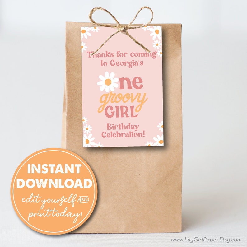 May include: A pink and white printable favor tag with daisies and the text "Thanks for coming to Georgia's One groovy girl Birthday Celebration!"
