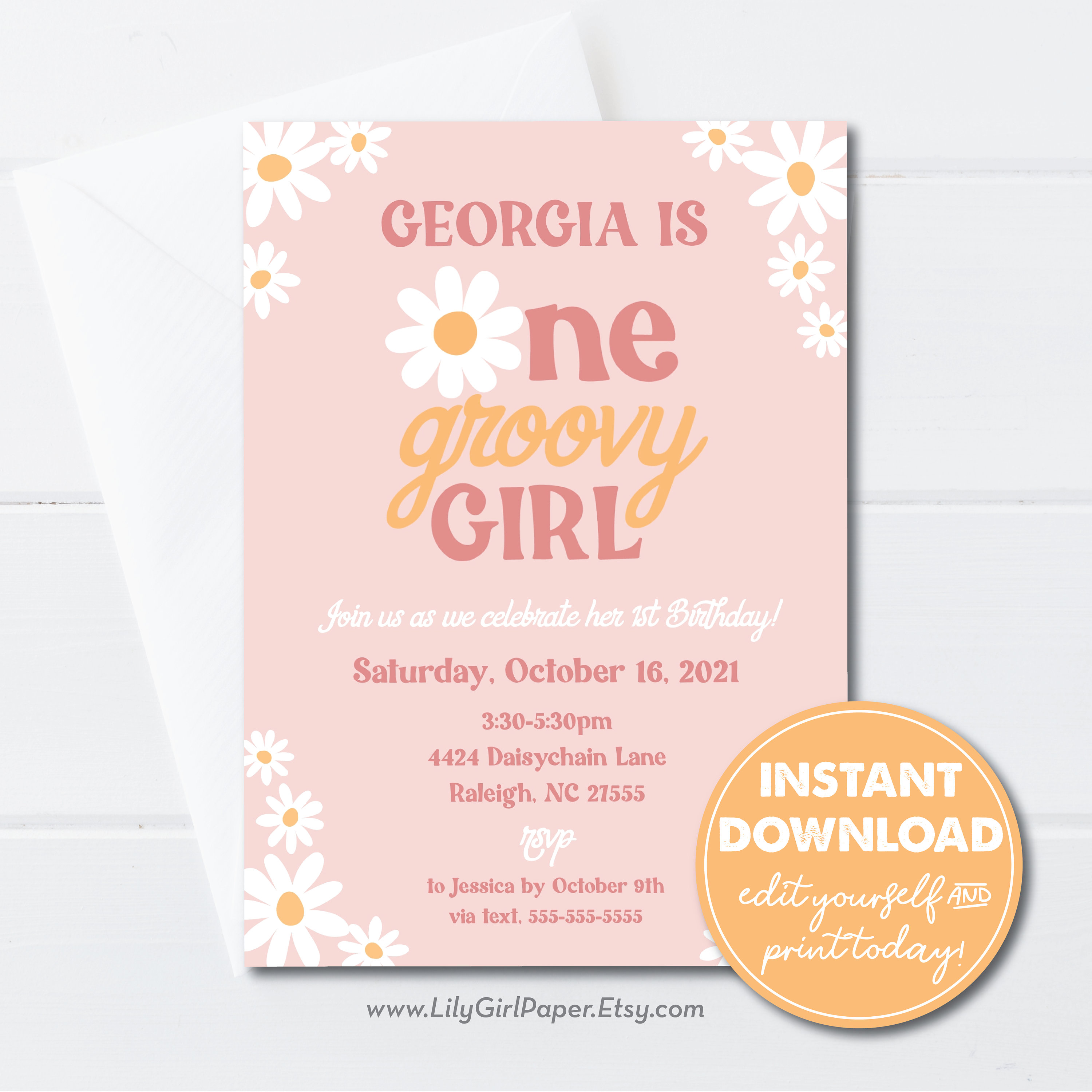 Editable One Groovy Girl Daisy Girls 1st Birthday Party Invitation Boho 70s theme INSTANT DOWNLOAD Edit Download PrintEmail