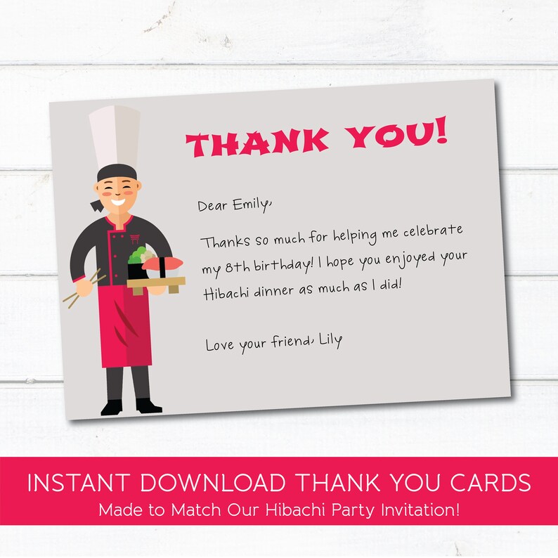 Puede incluir: Tarjeta de agradecimiento gris con un chef de dibujos animados sosteniendo sushi y palillos. El texto "THANK YOU!" es rosa. La tarjeta dice: "Querida Emily, Muchas gracias por ayudarme a celebrar mi 8&ordm; cumplea&ntilde;os. Espero que hayas disfrutado tu cena Hibachi tanto como yo."