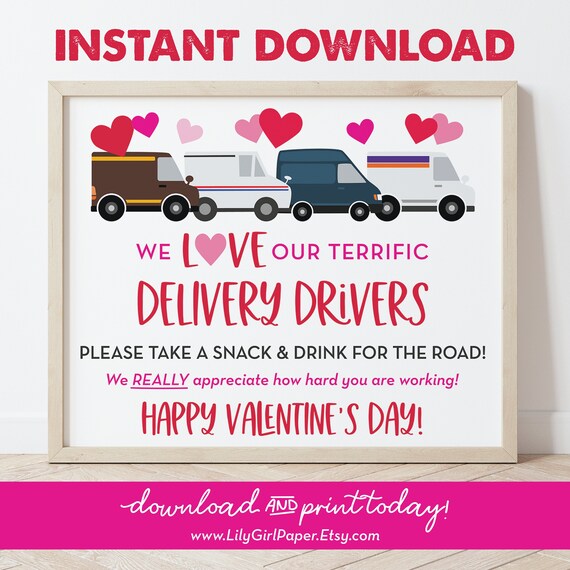 Delivery Driver Thank You Snack & Drink Sign, Happy Valentine's Day, Deliveries, Love our Mail Carriers, Packages, Instant Download 0288 Il_570xn
