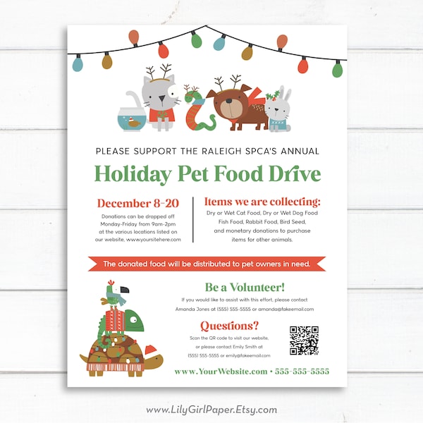 Editable Christmas Holiday Pet Food Drive Flyer Template,  8.5x11 Flyer, Animal Food Drive, Shelter, Furry Friends, Instant Download, 0262