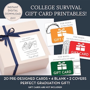 Afdrukbare cadeaukaarthouders College Survival, College Care Package, afstudeercadeau middelbare school, verhuizing slaapzaal, 20 vooraf ontworpen + 4 fill-ins