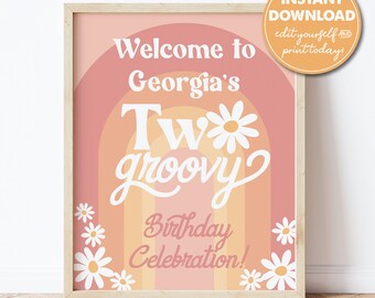 Editable Two Groovy Girl's 2nd Birthday Party Welcome Sign Template, 16x20, Boho, INSTANT DOWNLOAD! Printable Guest Greeting Sign, 0289