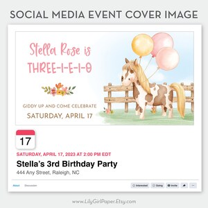 Puede incluir: Una imagen de portada de evento de redes sociales para una fiesta de cumplea&ntilde;os. La imagen presenta un caballo de dibujos animados con manchas marrones y blancas, sosteniendo globos rosas y amarillos. El texto dice "Stella Rose is THREE-I-E-1-0" y "Giddy up and come celebrate Saturday, April 17".