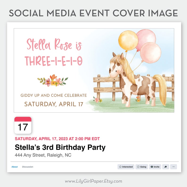 Puede incluir: Una imagen de portada de evento de redes sociales para una fiesta de cumplea&ntilde;os. La imagen presenta un caballo de dibujos animados con manchas marrones y blancas, sosteniendo globos rosas y amarillos. El texto dice "Stella Rose is THREE-I-E-1-0" y "Giddy up and come celebrate Saturday, April 17".