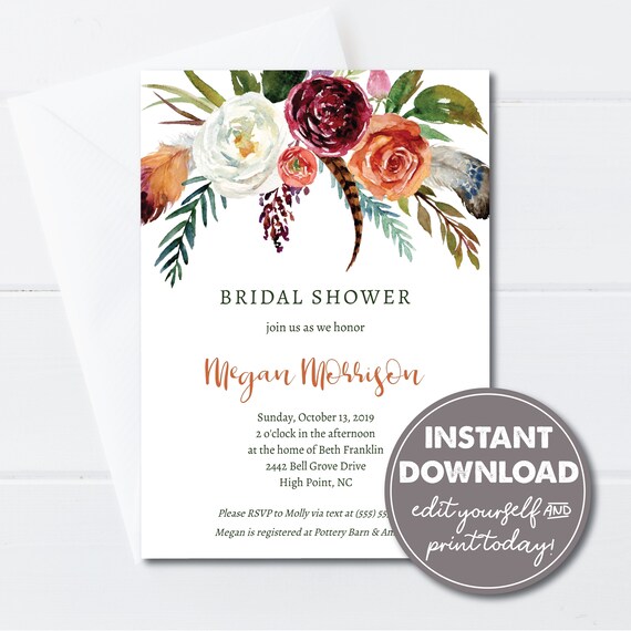 Editable Fall Flowers and Feathers Bridal Shower Invitation Template, Wedding Shower, INSTANT DOWNLOAD, Edit, Download and Print Today! 0149 Il_570xn