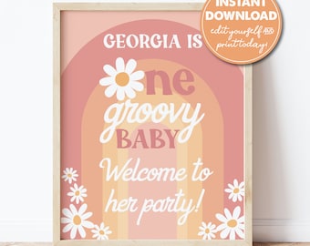 Editable 1st Birthday, One Groovy Baby Party Welcome Sign Template, 16x20, Boho, INSTANT DOWNLOAD! Printable Guest Greeting Sign, 0888