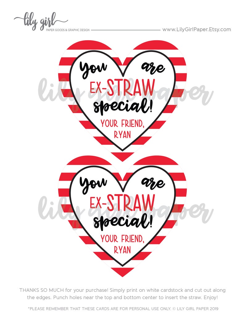 Editable Valentine's Card Template, Ex-Straw Special STRIPED VERSION Class Valentines, Edit Yourself in Minutes, Download & Print Today image 2