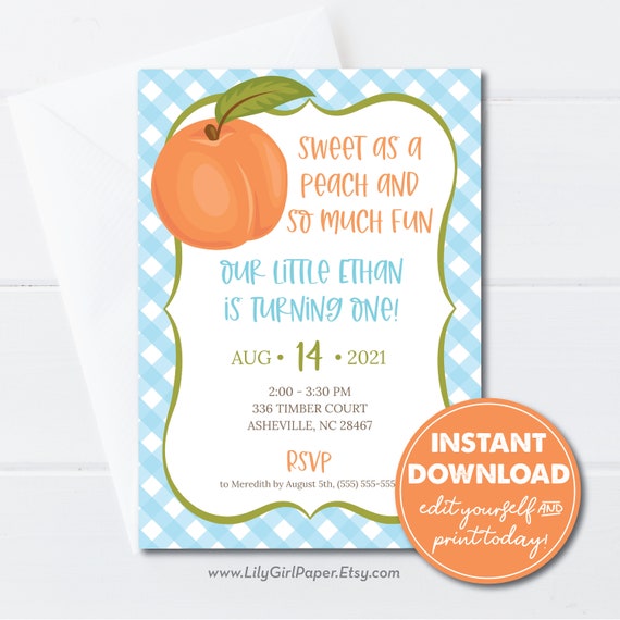Editable Peach 1st Birthday Party Invitation, Sweet as a Peach and So Much Fun, INSTANT DOWNLOAD, Edit, Download, Print or Email today! 0285 Il_570xn