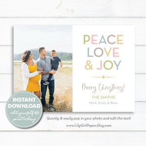 Editable Photo Card, Peace Love & Joy, Holiday, Christmas Card Template, INSTANT DOWNLOAD, Easily Edit, Download and Print Today! LGPC110