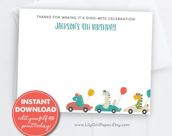 Editable Dinosaur Racers Birthday Party Thank You Card, INSTANT DOWNLOAD, Printable Party Note Card, Stationery, 0223