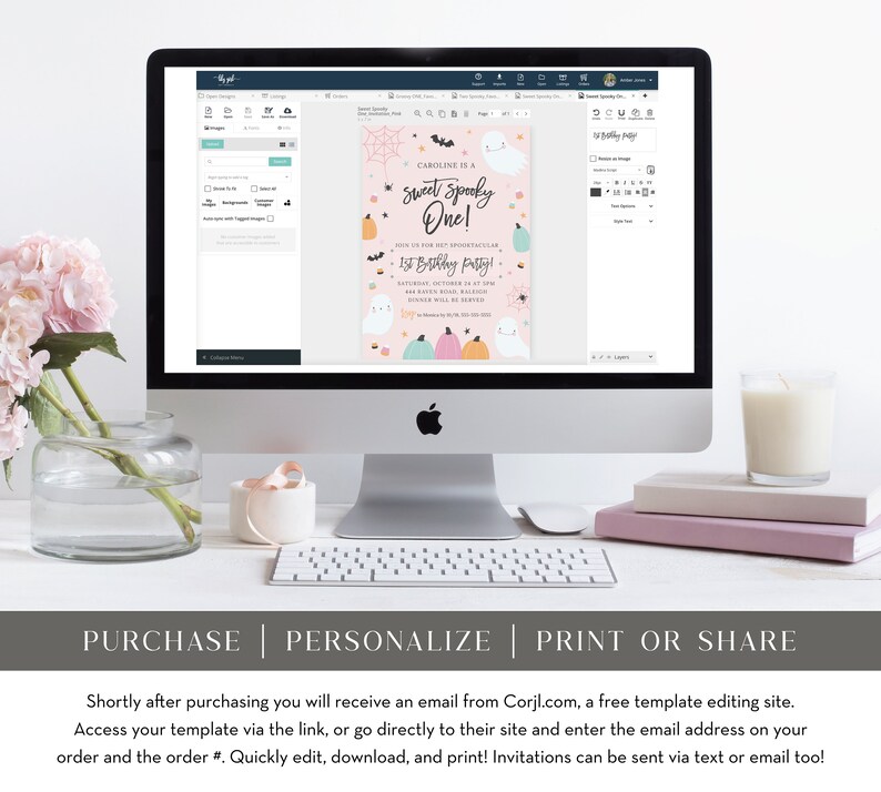 May include: A pink and white printable invitation for a first birthday party with a Halloween theme. The invitation features a ghost, pumpkins, and the text "Caroline is a Sweet Spooky One!" and "1st Birthday Party!"