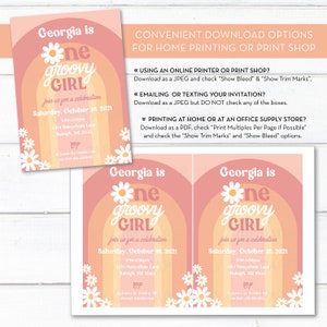 Puede incluir: Una invitaci&oacute;n rosa y naranja con un dise&ntilde;o de margarita. El texto dice "Georgia is one groovy girl" e incluye detalles para una fiesta de cumplea&ntilde;os.