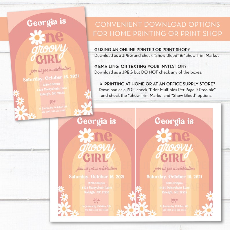 Puede incluir: Una invitaci&oacute;n rosa y naranja con un dise&ntilde;o de margarita. El texto dice "Georgia is one groovy girl" e incluye detalles para una fiesta de cumplea&ntilde;os.