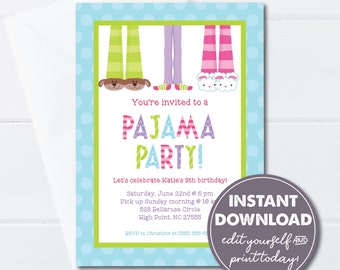 Editable Pajama Party Birthday Invitation Template, Tween Girl Party, INSTANT DOWNLOAD, Sleepover, Slumber Birthday Party, 0127