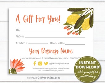 Editable Business Gift Certificate Template, Lemons, Instant Download, Printable Gift Voucher, Business Gift Card, Edit Yourself, DIY, 0600