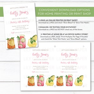 May include: A printable invitation for a 40th birthday party. The invitation features a watercolor illustration of cocktails and the text "Let's give cheers to forty years. Join us as we celebrate Rachel's 40th Birthday".