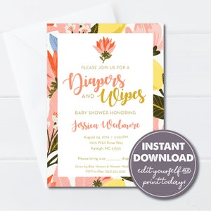 Editable Diaper and Wipes Shower Invitation Template, Floral Baby Shower, Gender Neutral, Instant Download, Printable, Edit Yourself, 0119