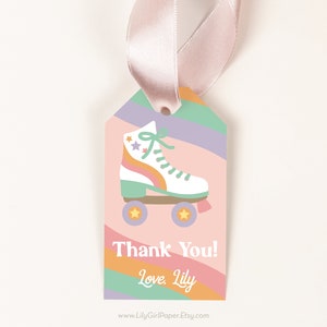May include: A pink, green, and purple striped thank you tag with a white roller skate with orange and yellow accents. The tag says "Thank You! Love, Lily" and includes the website www.LilyGirlPaper.Etsy.com.
