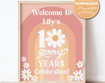 Editable 10 Groovy Years Girls 10th Birthday Party Welcome Sign Template, 16x20, Boho, INSTANT DOWNLOAD! Printable Guest Greeting Sign, 0313