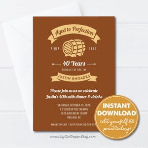 EDITABLE Aged to Perfection Birthday Party Invitation, 30th, 40th, 50th, 60th, 70th Man's Birthday, Whiskey Barrel, INSTANT DOWNLOAD, 0235