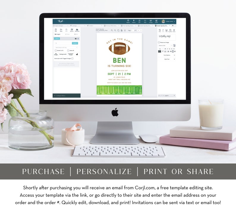 May include: A digital invitation for a football-themed birthday party. The invitation features a green and white football field with a brown football in the center. The text on the invitation reads "Get in the game! Ben is turning six! Sept. 21 | 2 PM".