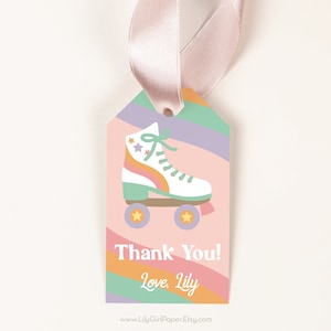 May include: A pink, green, and purple striped thank you tag with a white roller skate with orange and yellow accents. The tag says "Thank You! Love, Lily" and includes the website www.LilyGirlPaper.Etsy.com.