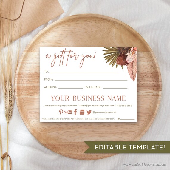 Editable Business Gift Certificate Template, Boho, Modern, Boutique, Spa, Instant Download, Printable Gift Voucher, Edit Yourself, 0600 Il_570xn