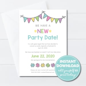 Editable New Party Date Card Template, Postponed, Rescheduled Notice, INSTANT DOWNLOAD, Edit, Download and Email or Print Today!