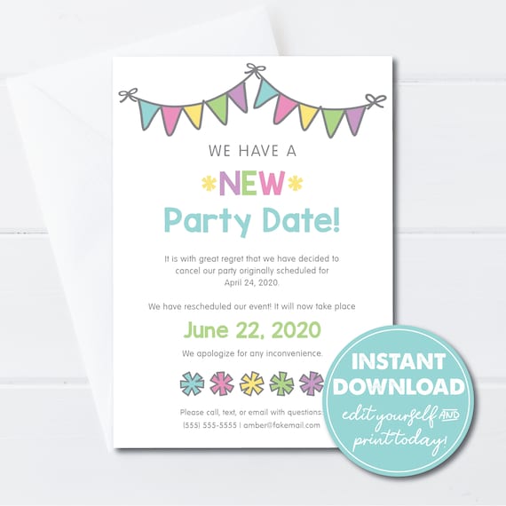 Editable New Party Date Card Template, Postponed, Rescheduled Notice, INSTANT DOWNLOAD, Edit, Download and Email or Print Today! Il_570xn