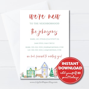 Editable Christmas/Winter We&#39;re New to the Neighborhood cards, Editable Template, Instant Download, New Neighbor Announcements, 0247