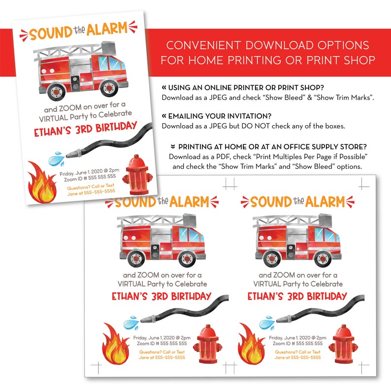 Easily Edit INSTANT DOWNLOAD 0142 Editable Zoom Virtual Birthday Invitation Template Firetruck Party Download and Print or Email Today