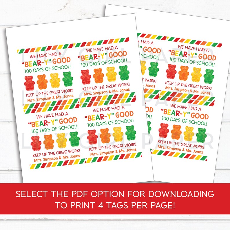 Editable 100th Day of School Bear-y Good Treat Bag Tag, Teacher Gift ...