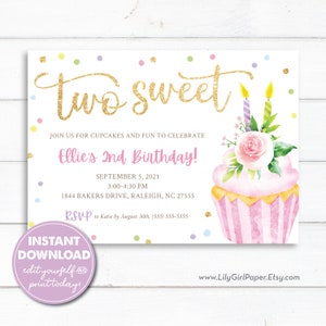 Editable Two Sweet, Girl's 2nd Birthday Party Invitation, Cupcake Birthday, INSTANT DOWNLOAD, Edit, Download, Print/Email today! 0287