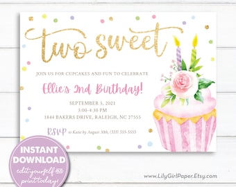 Editable Two Sweet, Girl's 2nd Birthday Party Invitation, Cupcake Birthday, INSTANT DOWNLOAD, Edit, Download, Print/Email today! 0287