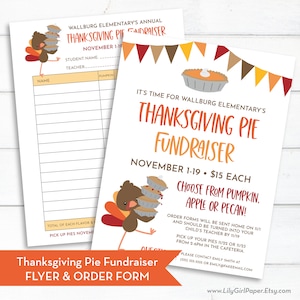 Puede incluir: Un folleto para una recaudación de fondos de tartas de Acción de Gracias con un pavo de dibujos animados que lleva tartas. El folleto incluye el texto "Thanksgiving Pie Fundraiser" y "Noviembre 1-19. $15 cada uno".