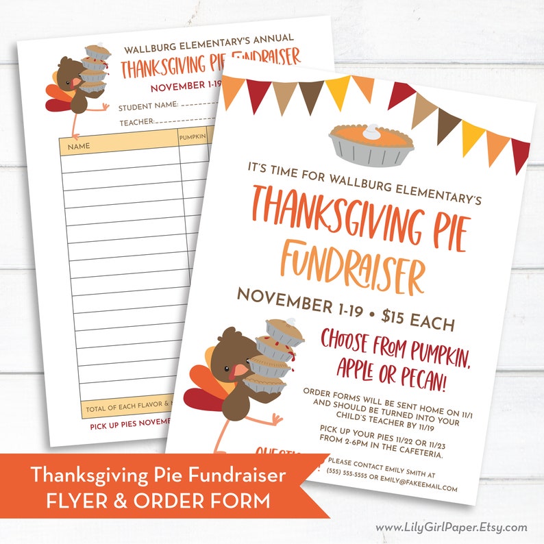 May include: A Thanksgiving pie fundraiser flyer with a cartoon turkey carrying pies. The flyer includes the text "Thanksgiving Pie Fundraiser" and "November 1-19. $15 Each".